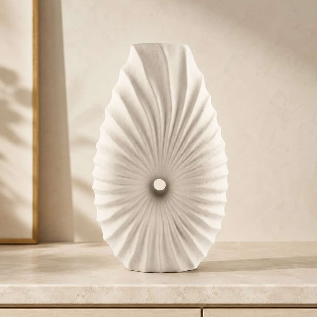 White Ribbed Round Ceramic Vase preview image 1