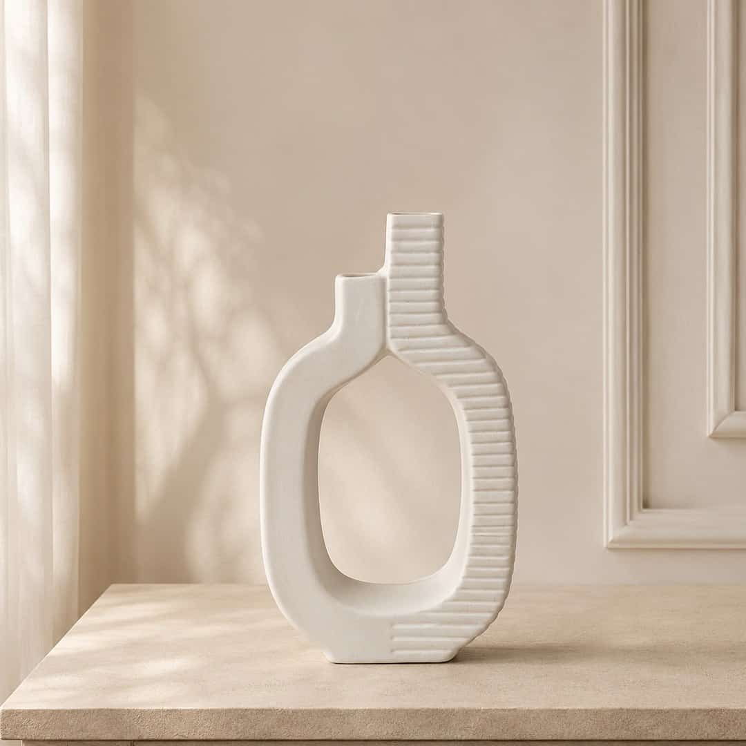 Cream Ribbed Loop Decorative Vase preview image 1