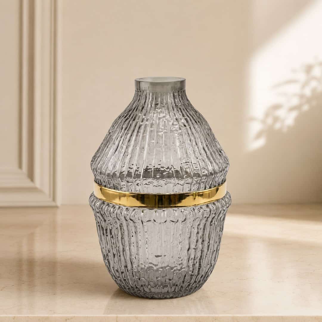 Gold-Tone Ribbed Glass Vase preview image 1