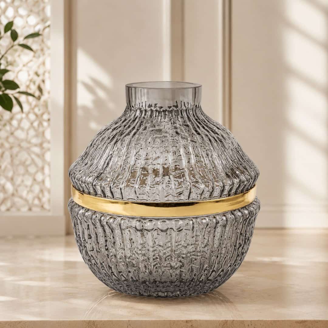 Gold-Band Ribbed Glass Jar preview image 1