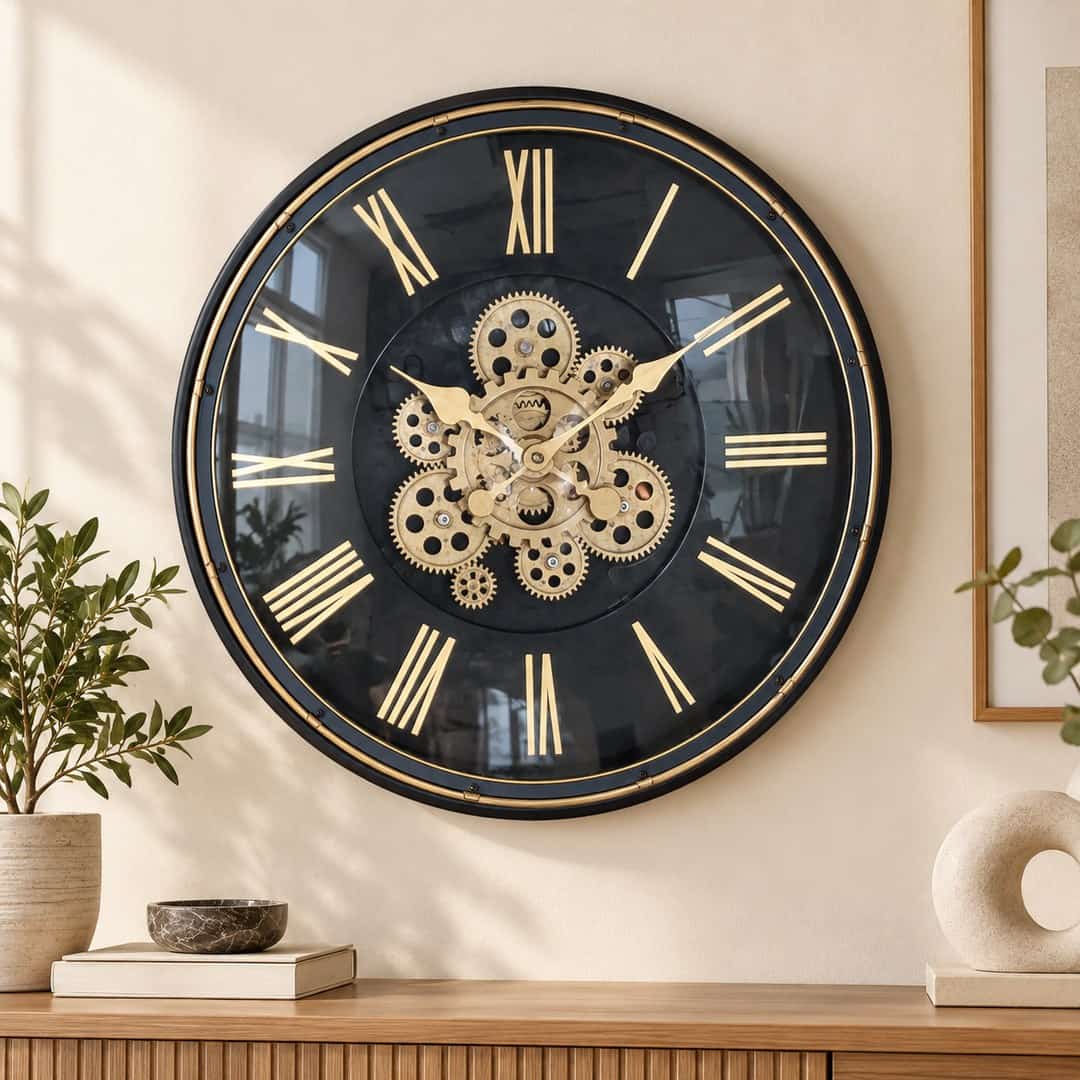 black wall clock with gold Roman numerals and decorative central gearwork