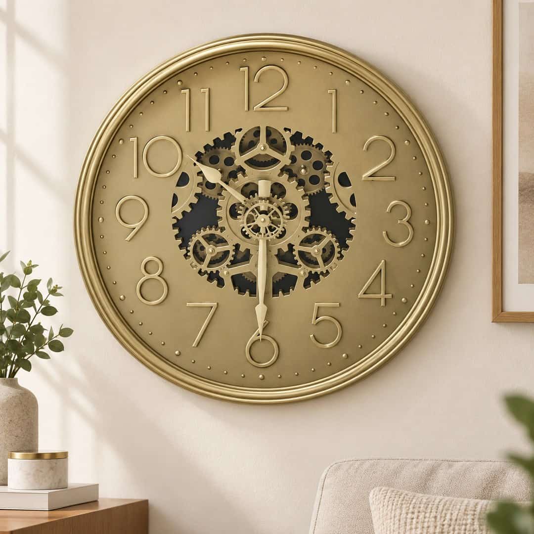 gold-tone wall clock with raised Arabic numerals and decorative central gearwork