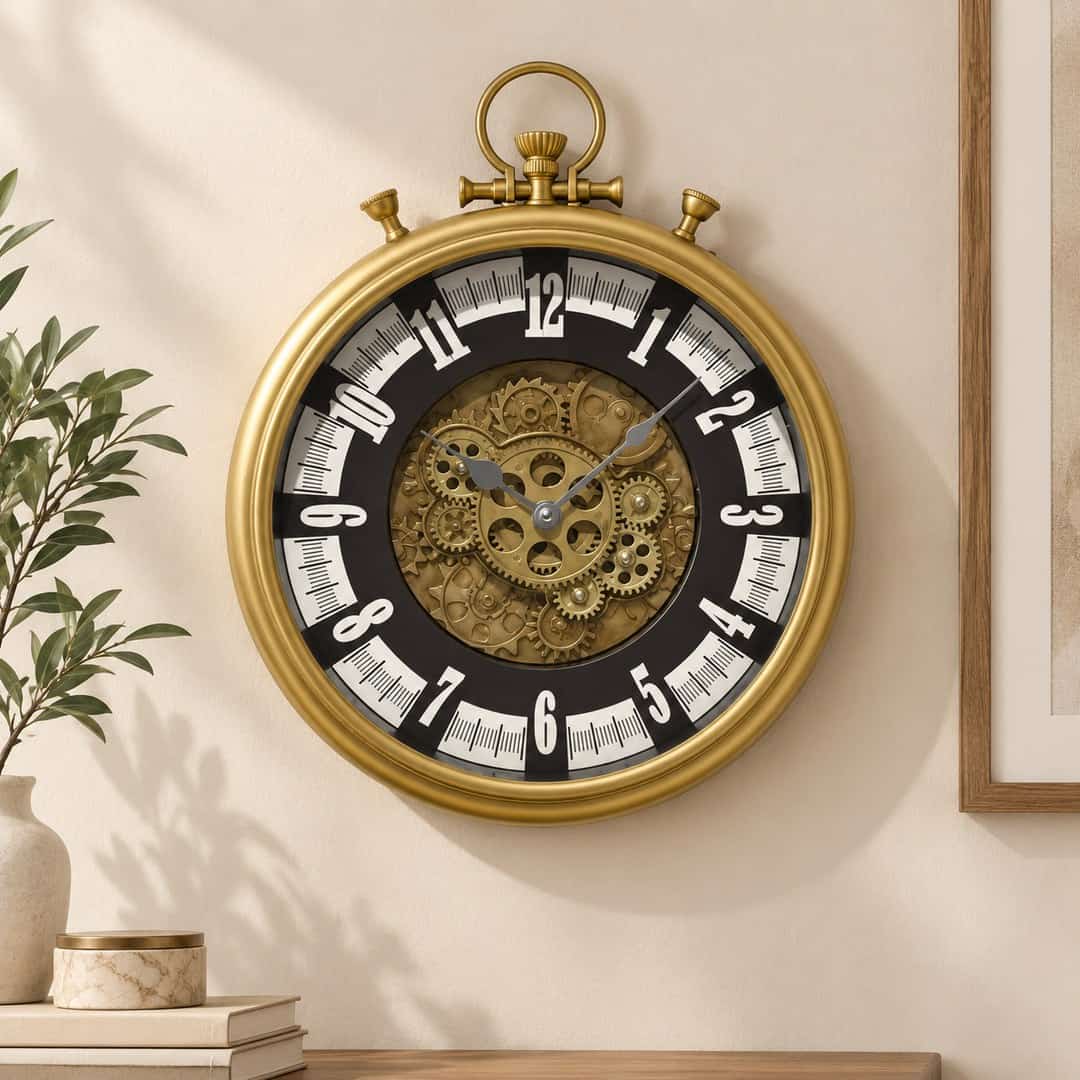 gold-tone pocket-watch style wall clock with black and white number track and decorative gears