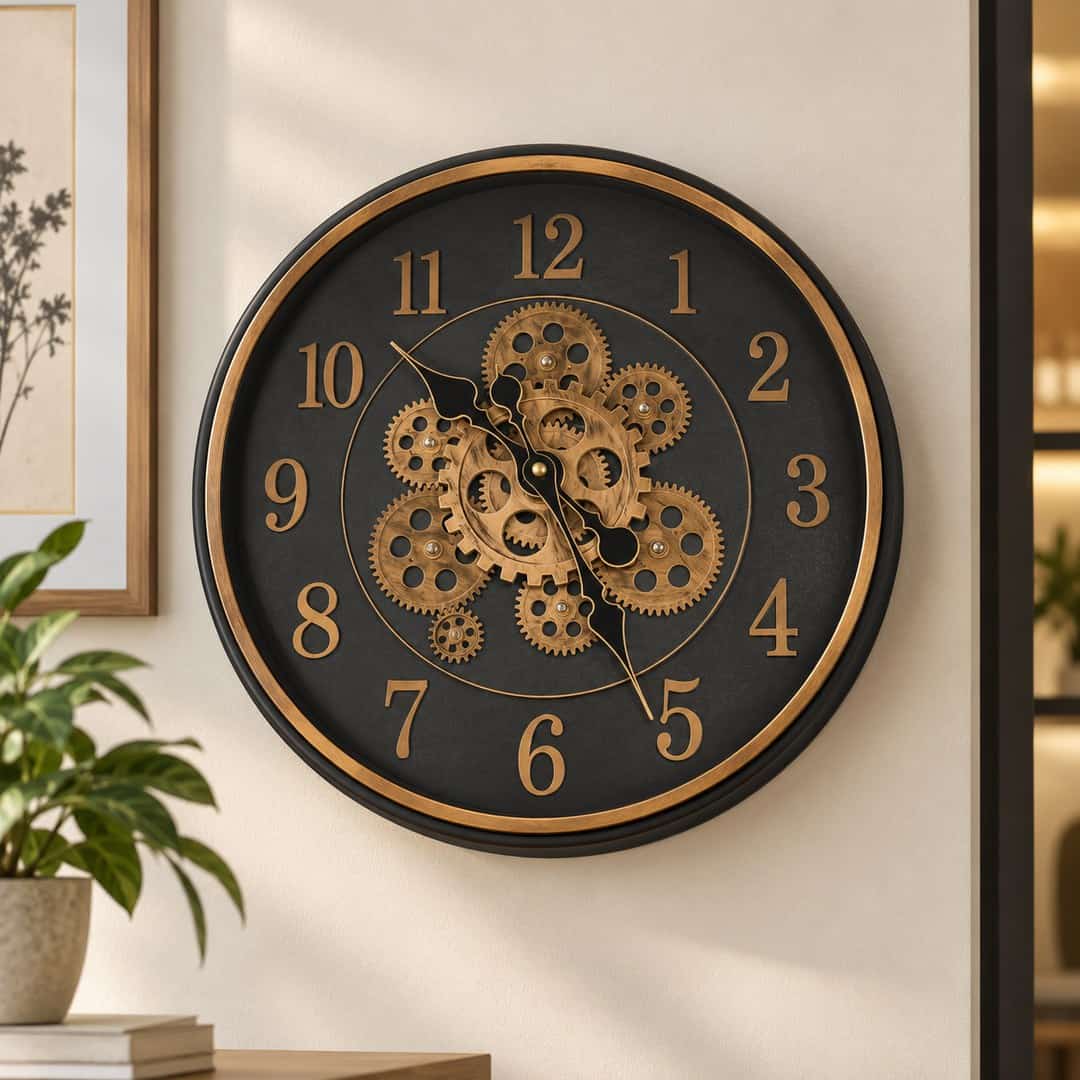 black round wall clock with a brushed copper rim, raised copper numerals and decorative cogs on a cream wall