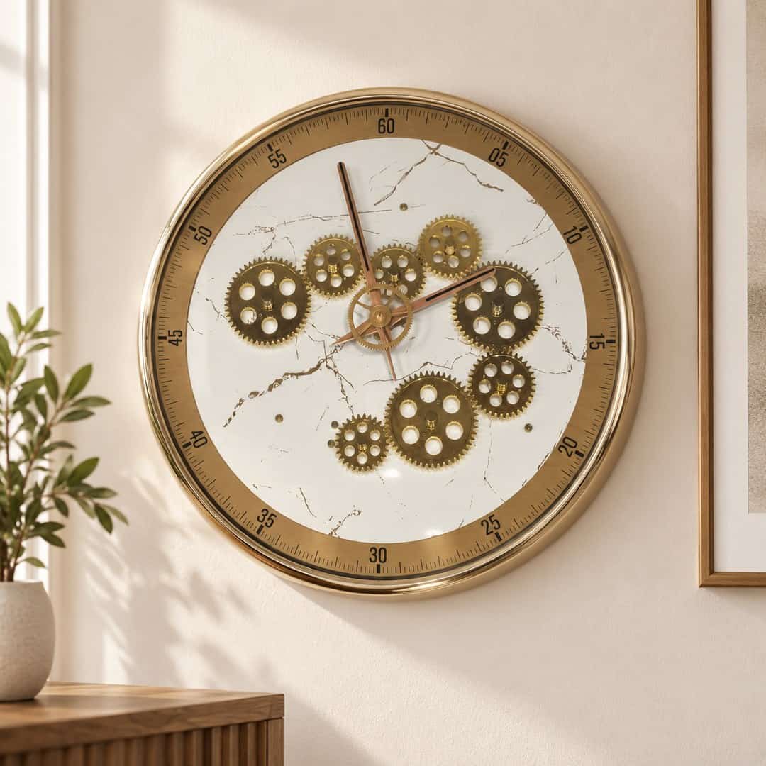 white marble-look wall clock with scattered brass gears, a gold minute scale ring and rose gold hands on a cream wall