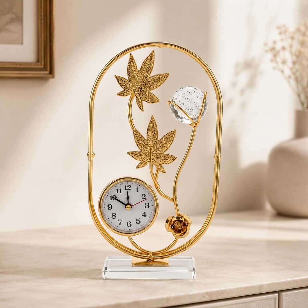 Golden Botanical Table Clock