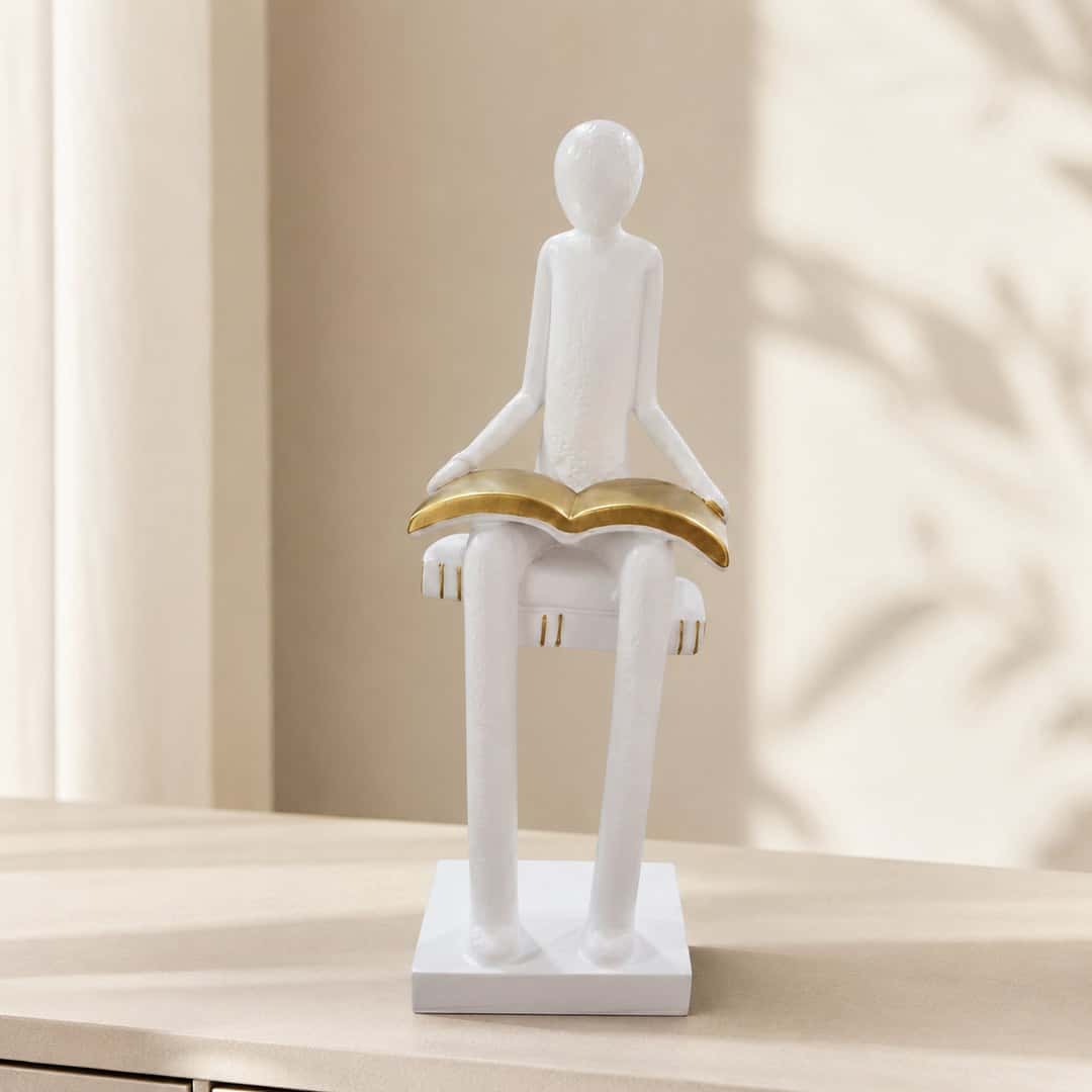 White Gold Book Reader Sculpture