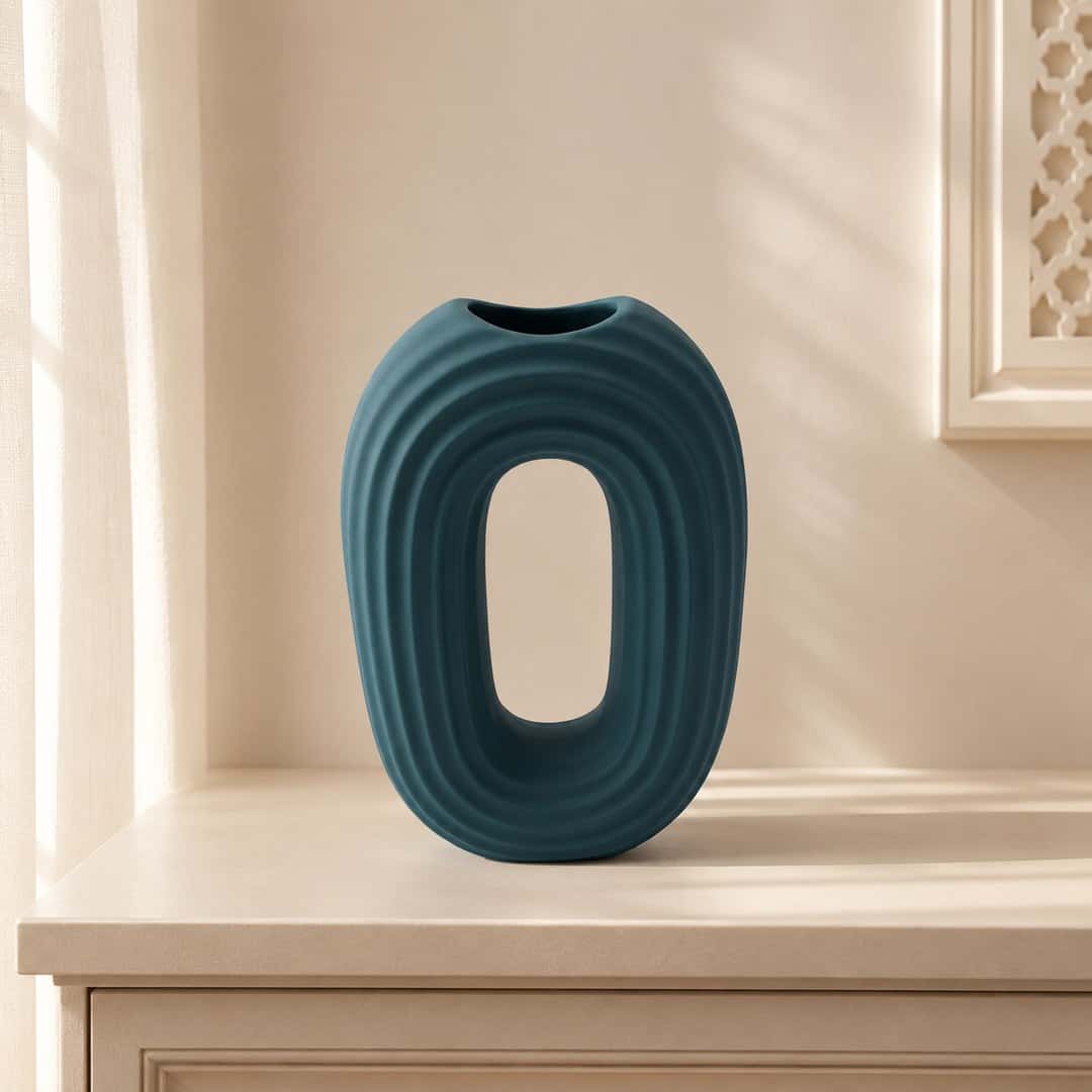 Teal Ribbed Ceramic Vase