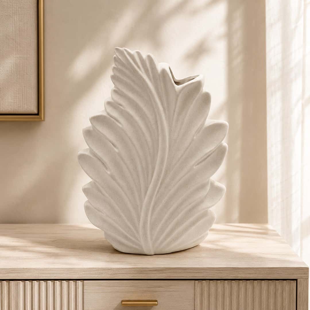 Leaf-Shaped White Ceramic Vase