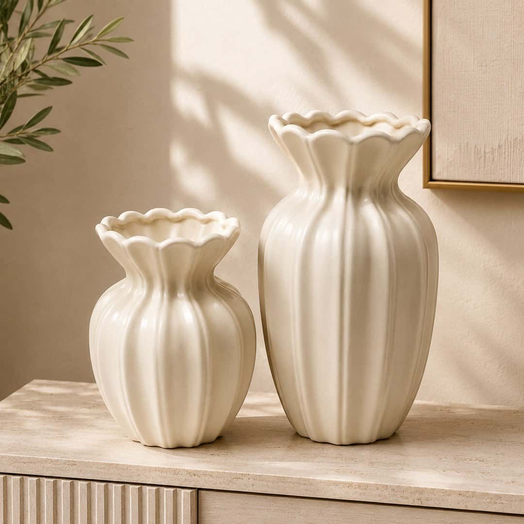 Ivory Ribbed Ceramic Vase Pair