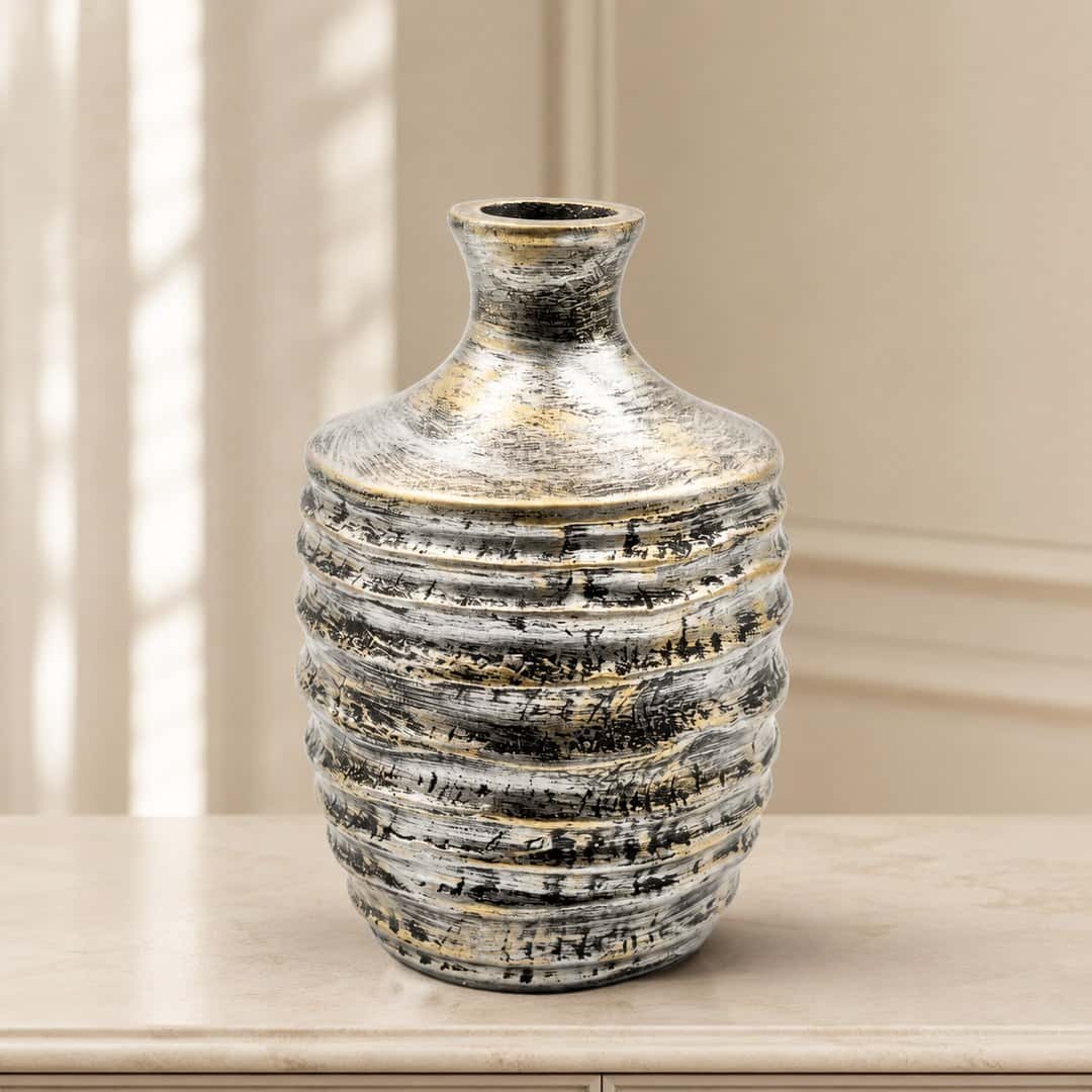 Weathered Gold-Tone Ribbed Vase