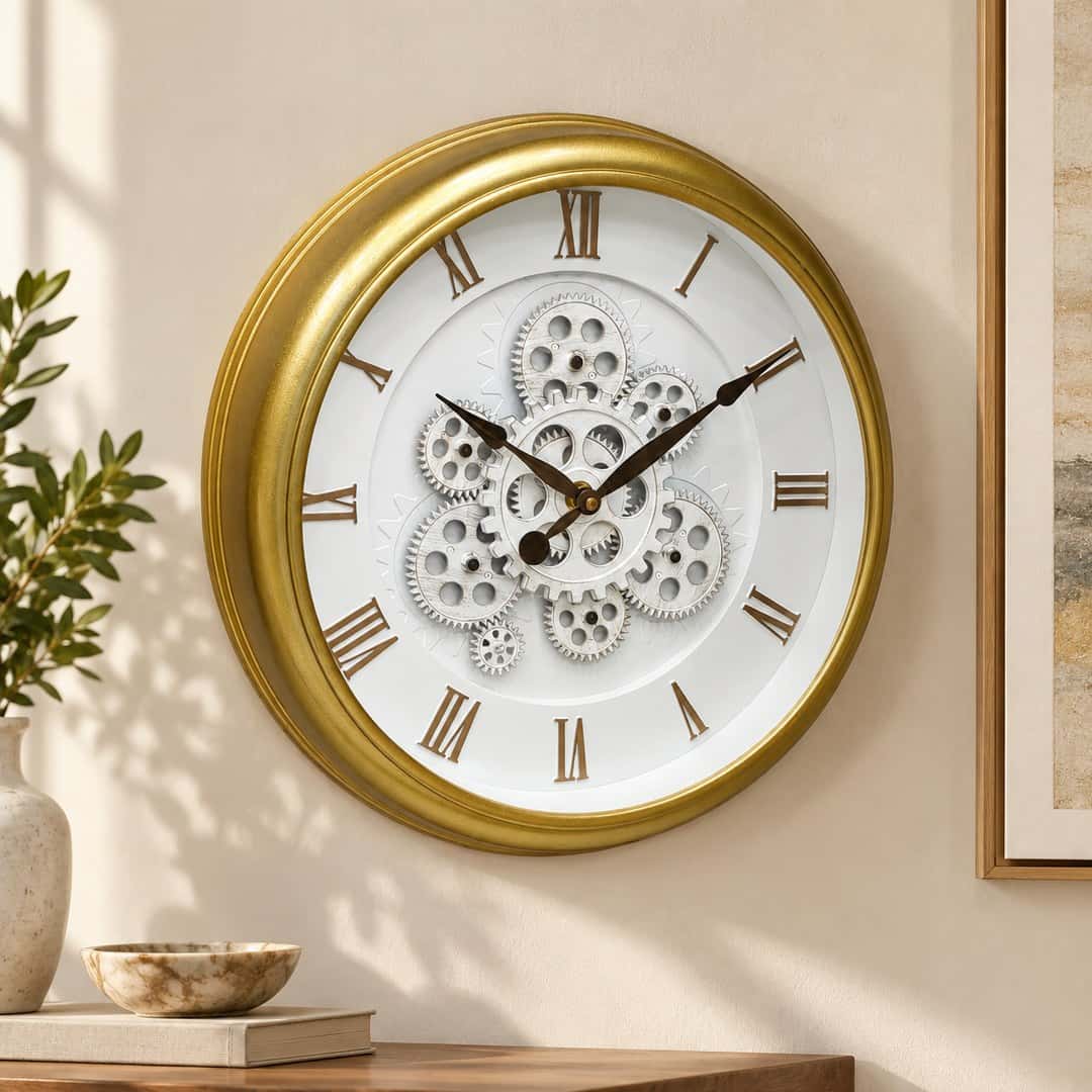 Gold White Roman Gear Wall Clock