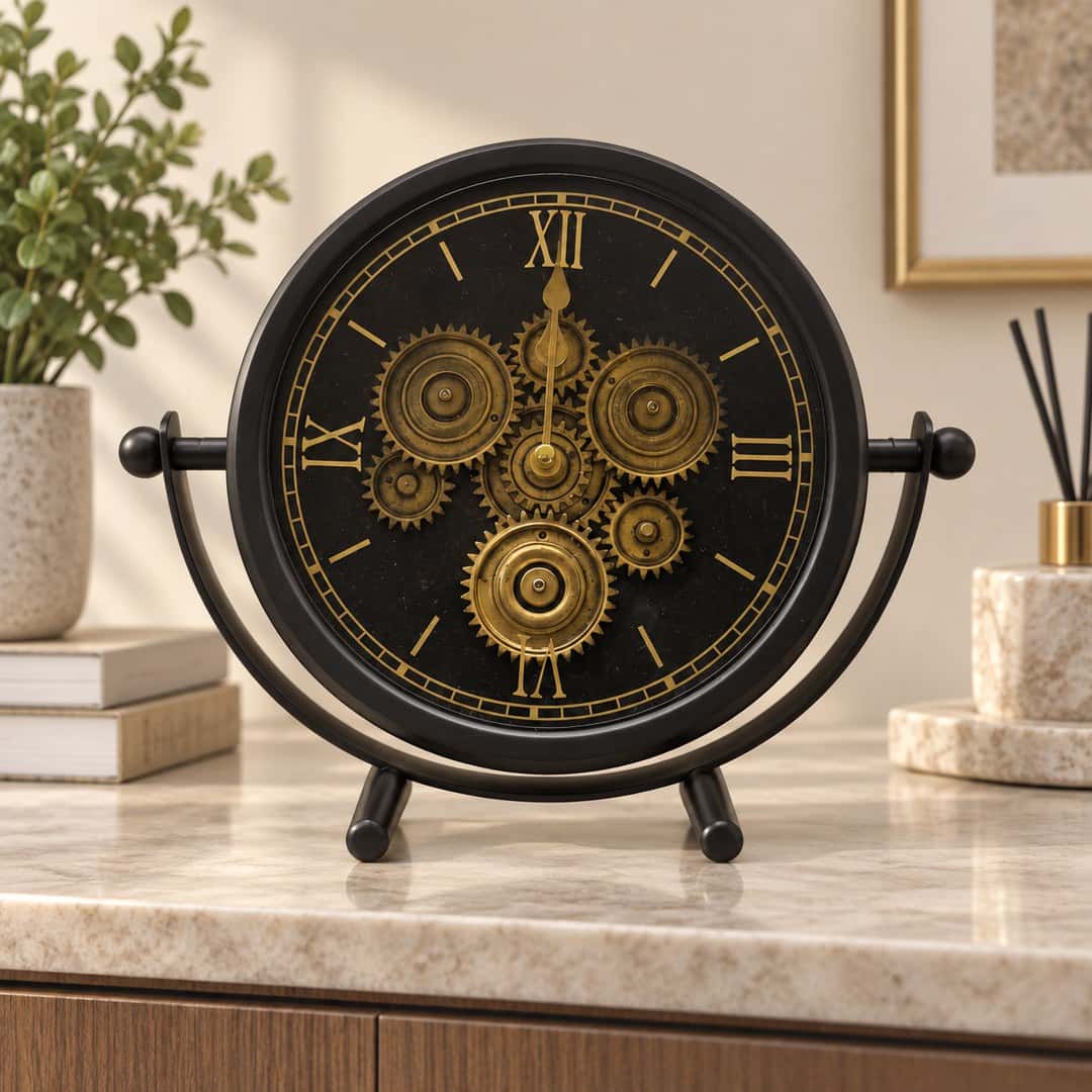 Black Gold Roman Gear Table Clock