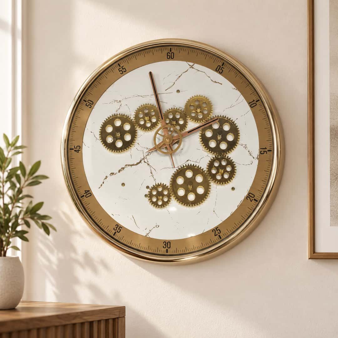 White Marble Look Gold Gear Wall Clock