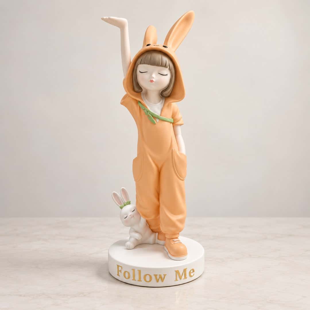 Bunny-Hood Girl and Rabbit Figurine