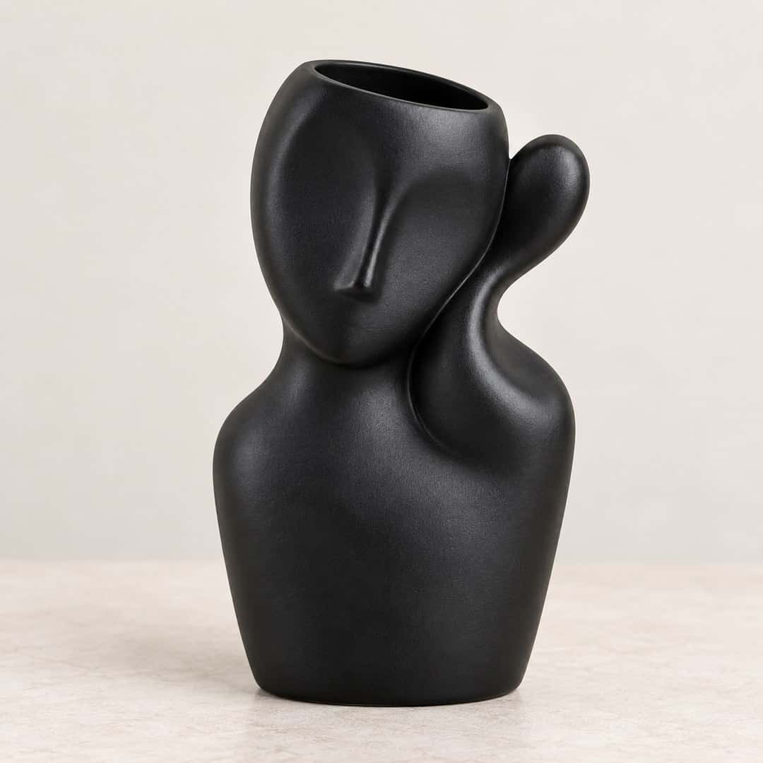Matte Black Abstract Face Vase