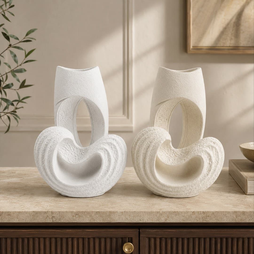 White Ceramic Loop Vase Set image 1