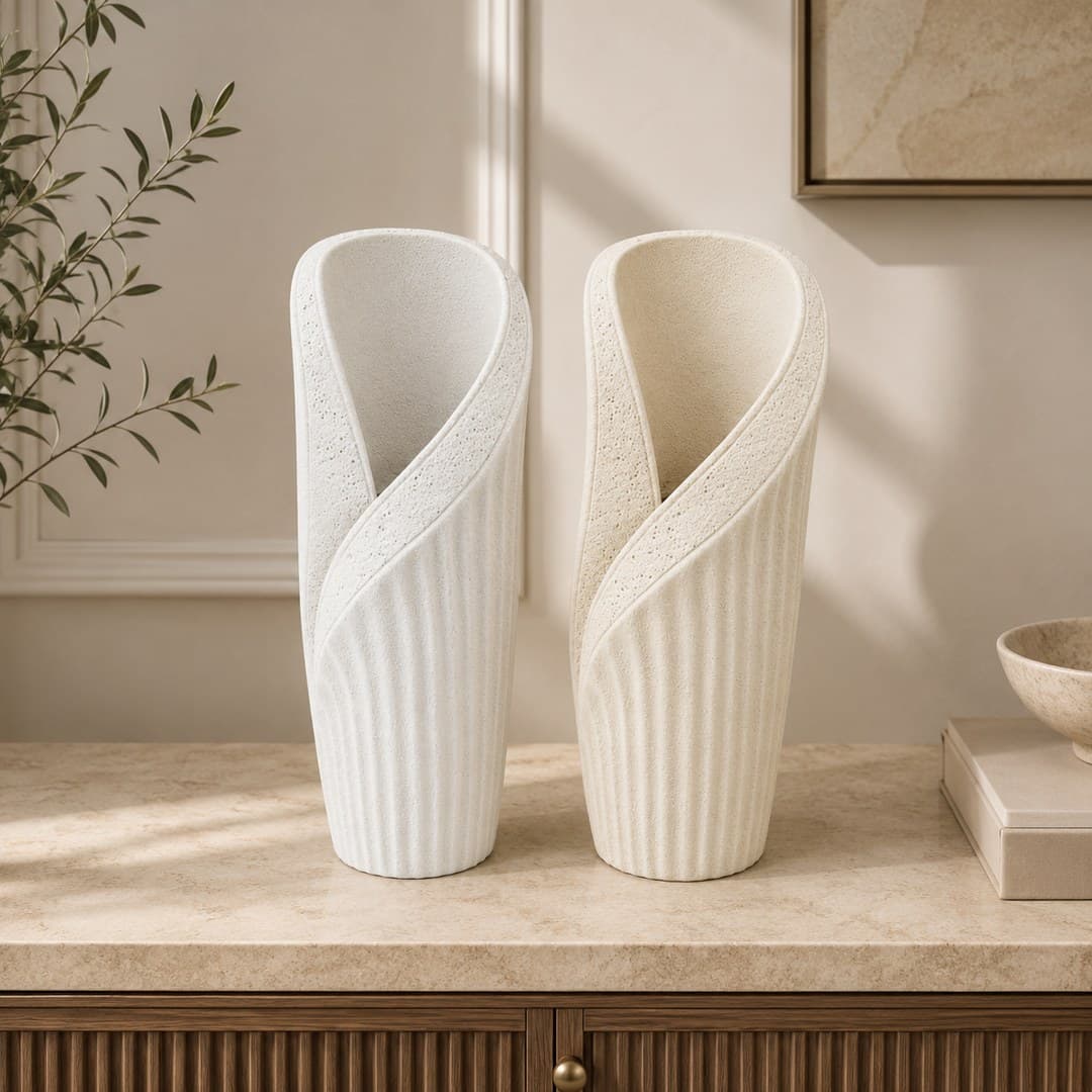Slim White Sculptural Vase Pair image 1