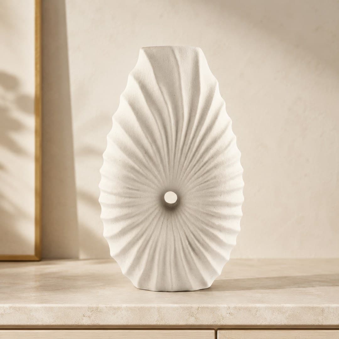 White Ribbed Round Ceramic Vase image 1