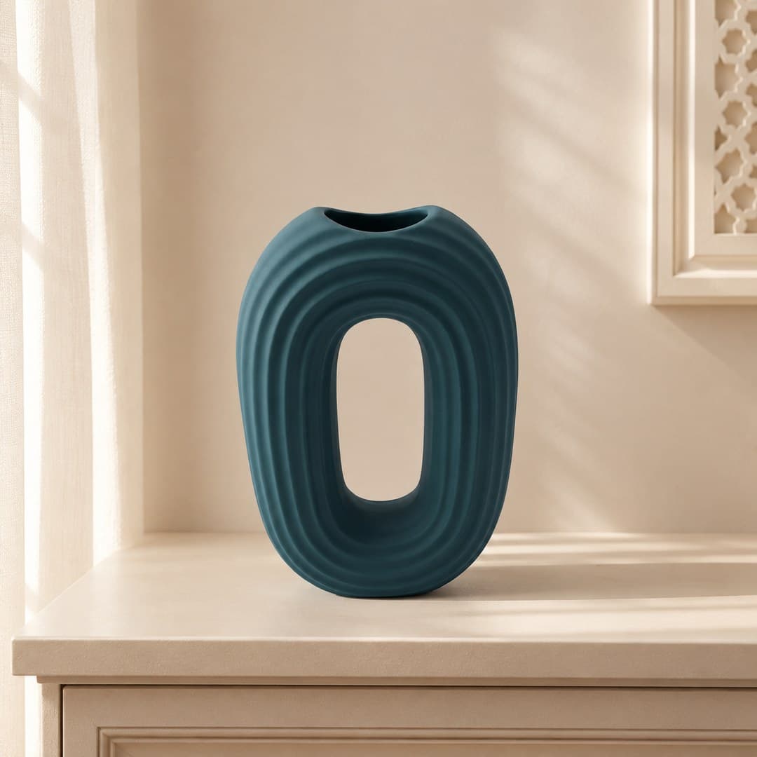 Teal Ribbed Ceramic Vase image 1