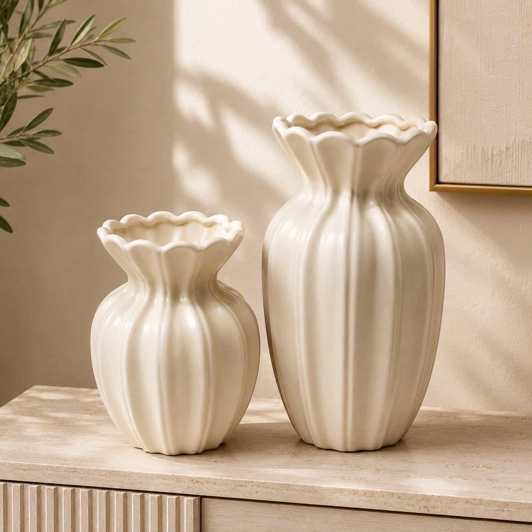 Ivory Ribbed Ceramic Vase Pair image 1