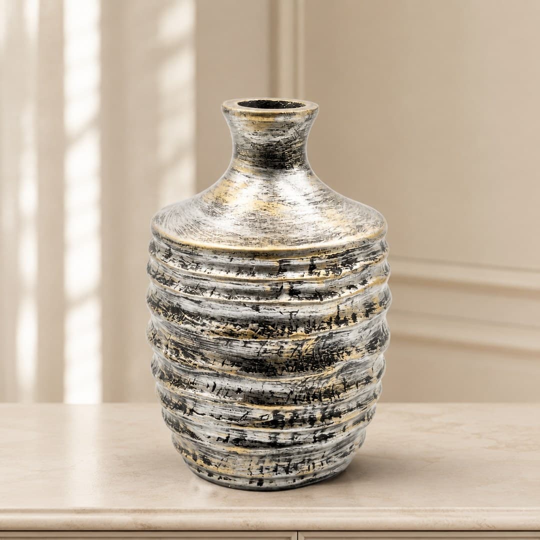 Weathered Gold-Tone Ribbed Vase image 1