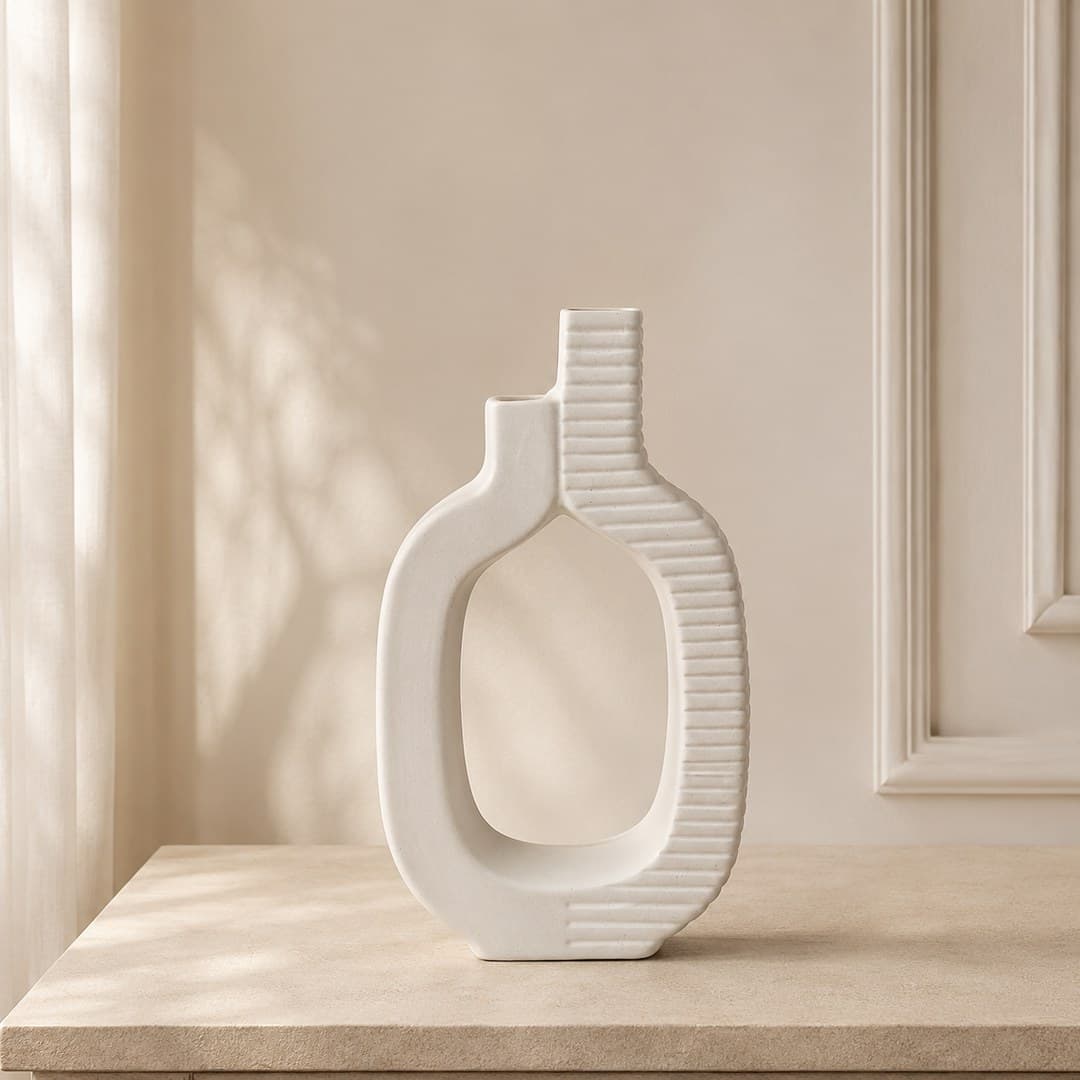 Cream Ribbed Loop Decorative Vase image 1