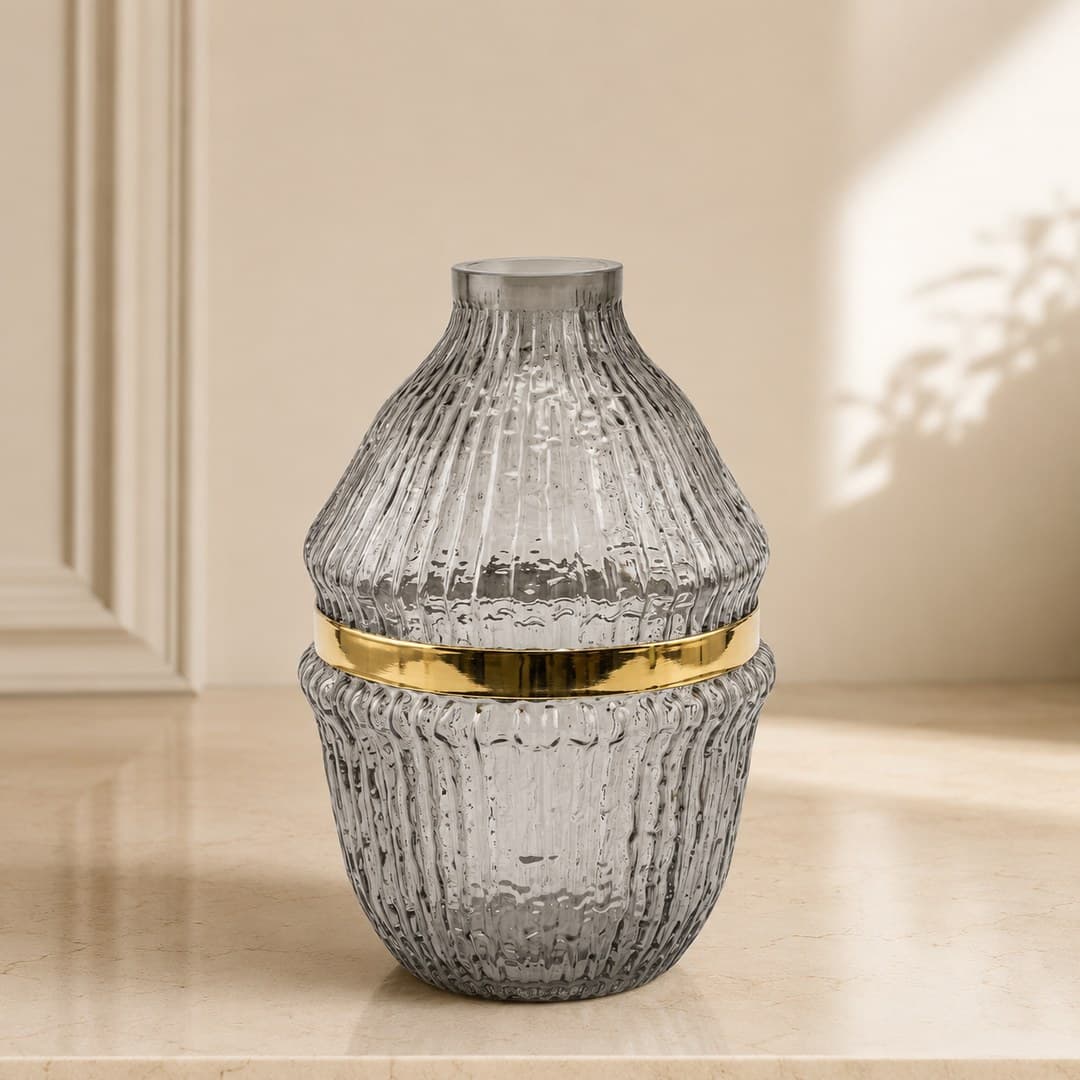 Gold-Tone Ribbed Glass Vase image 1