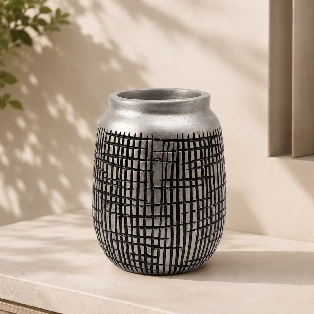 Silver-Tone Grid Texture Vase image 1