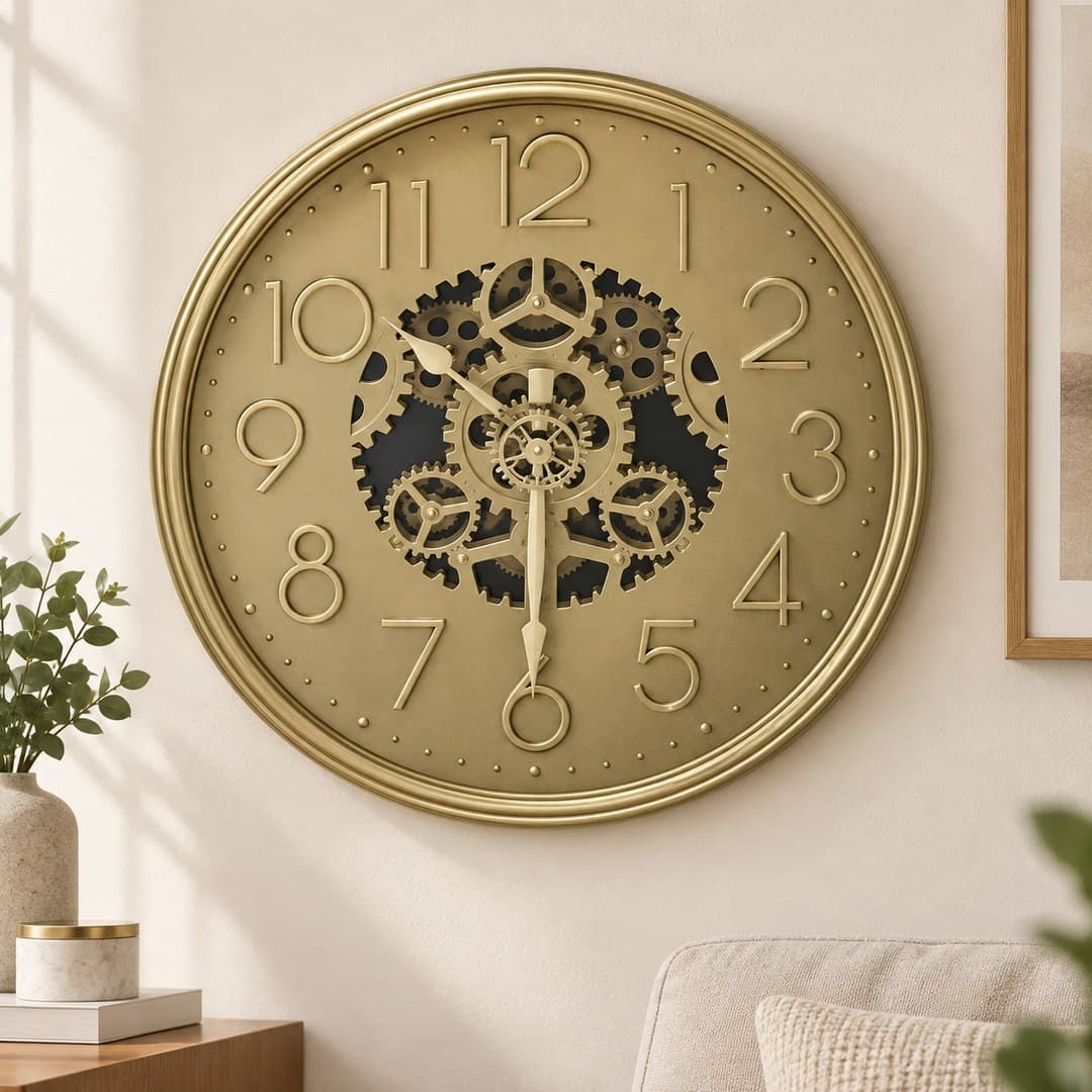 gold-tone wall clock with raised Arabic numerals and decorative central gearwork