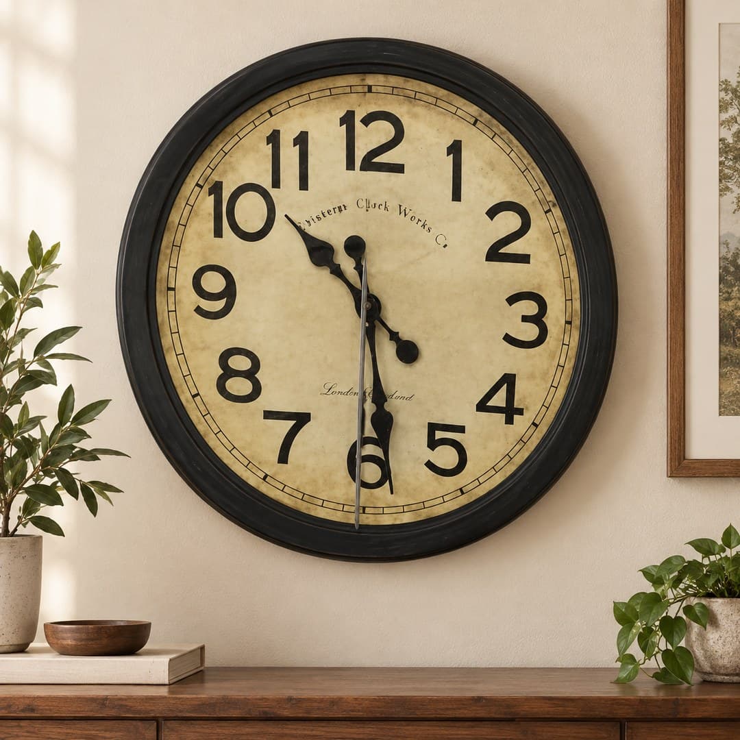 vintage cream dial wall clock with bold black Arabic numerals and dark frame