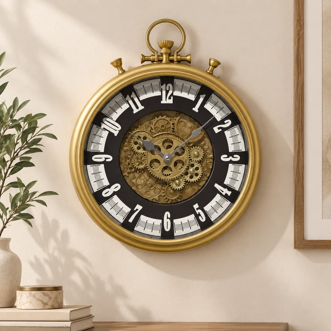 gold-tone pocket-watch style wall clock with black and white number track and decorative gears