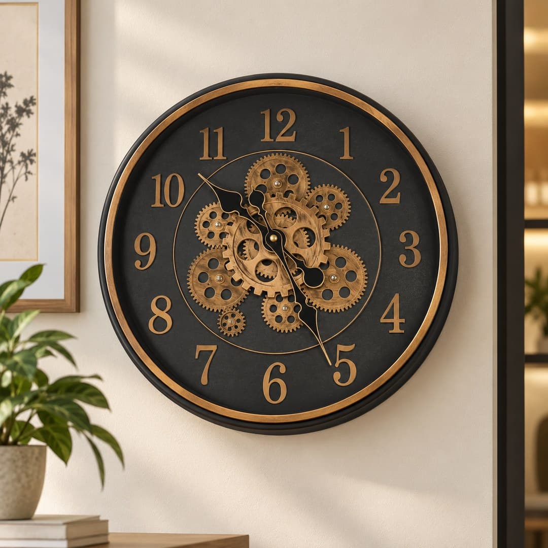 black round wall clock with a brushed copper rim, raised copper numerals and decorative cogs on a cream wall