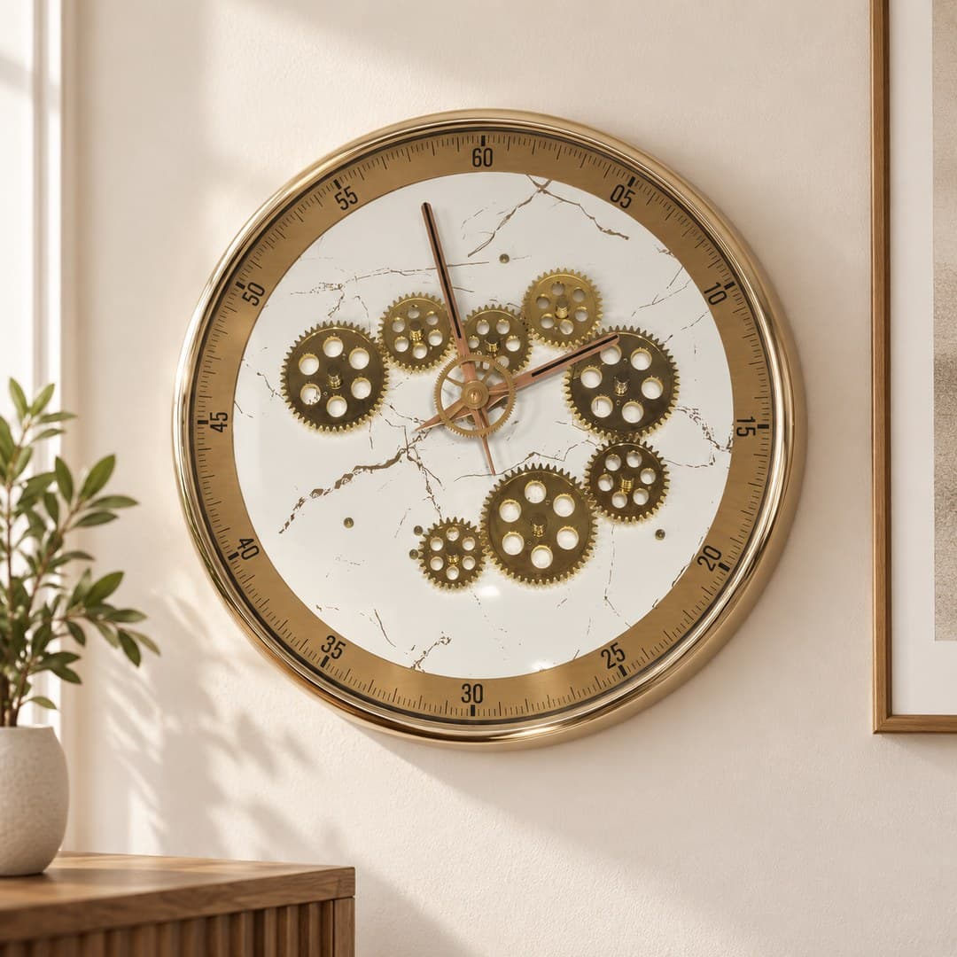 white marble-look wall clock with scattered brass gears, a gold minute scale ring and rose gold hands on a cream wall