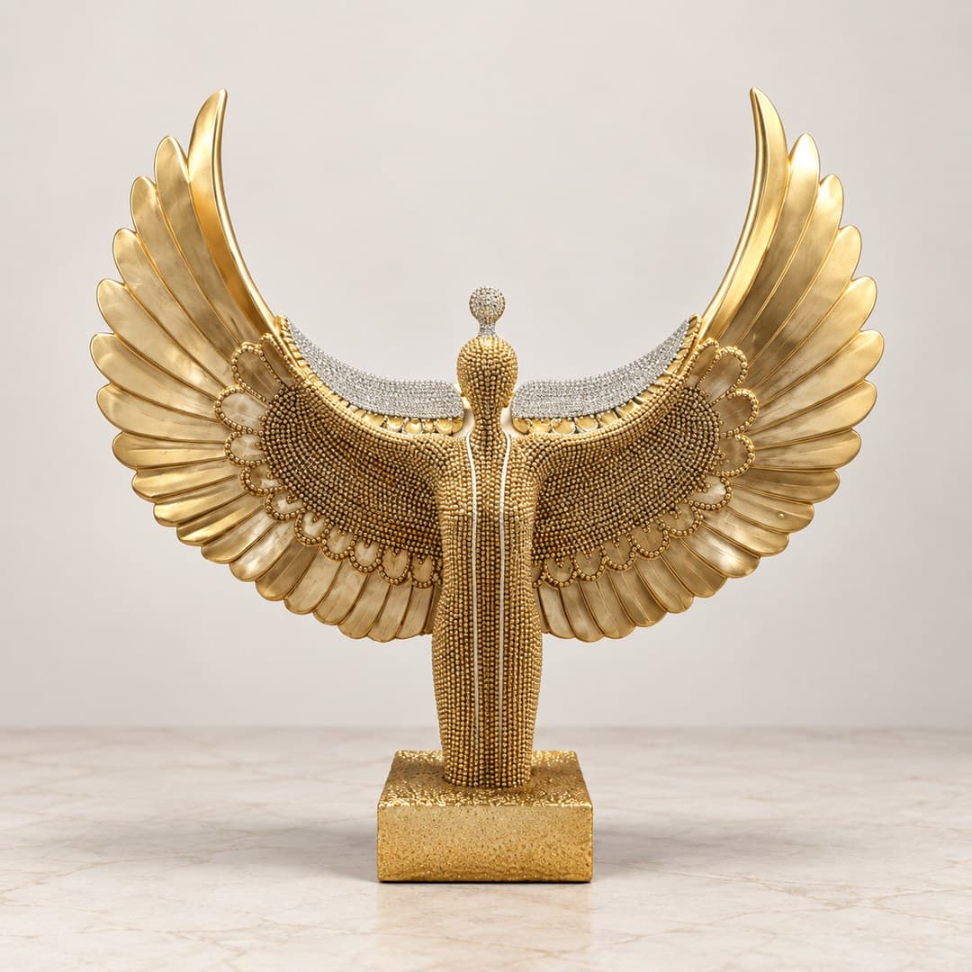 ornate gold-tone phoenix bird sculpture with layered wings and sweeping tail on a display base