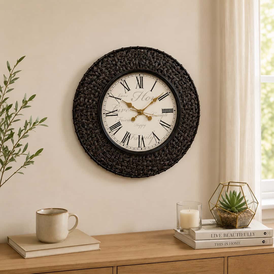 Dark Woven-Look Roman Numeral Wall Clock