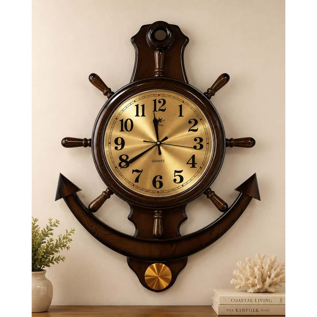 Nautical Anchor & Ship Wheel Wooden Wall Clock