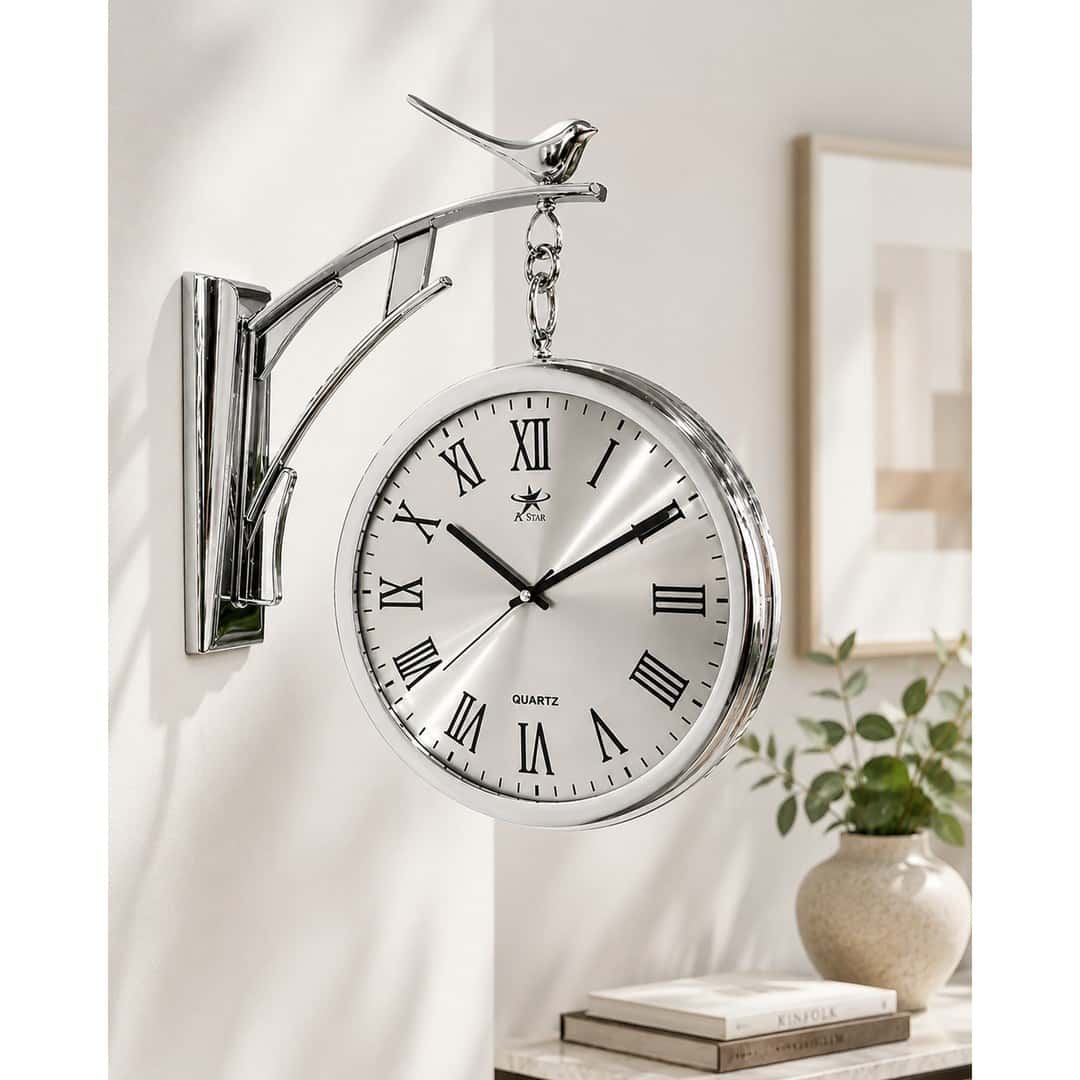 Double-Sided Silver Station Wall Clock