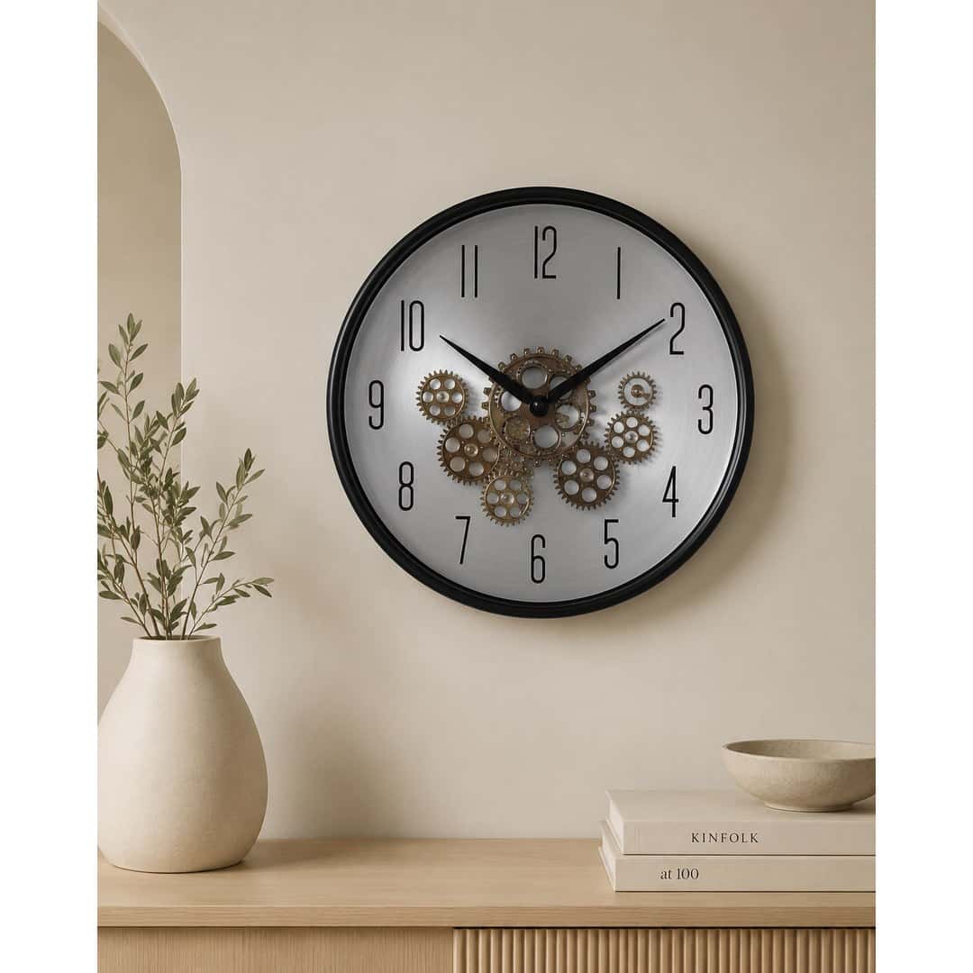 Industrial Silver-Dial Gear Wall Clock