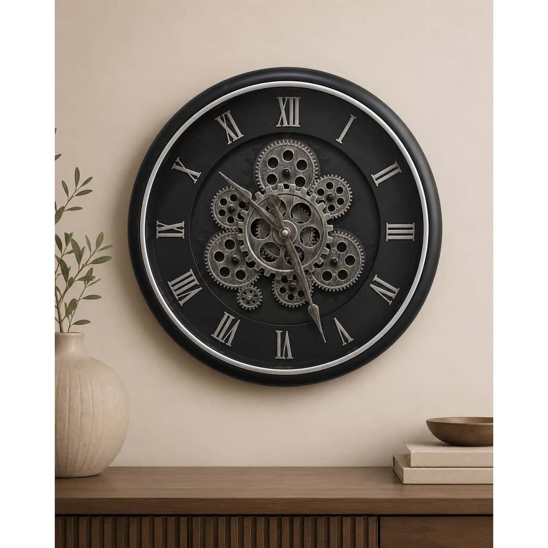 Industrial Black Roman Gear Wall Clock
