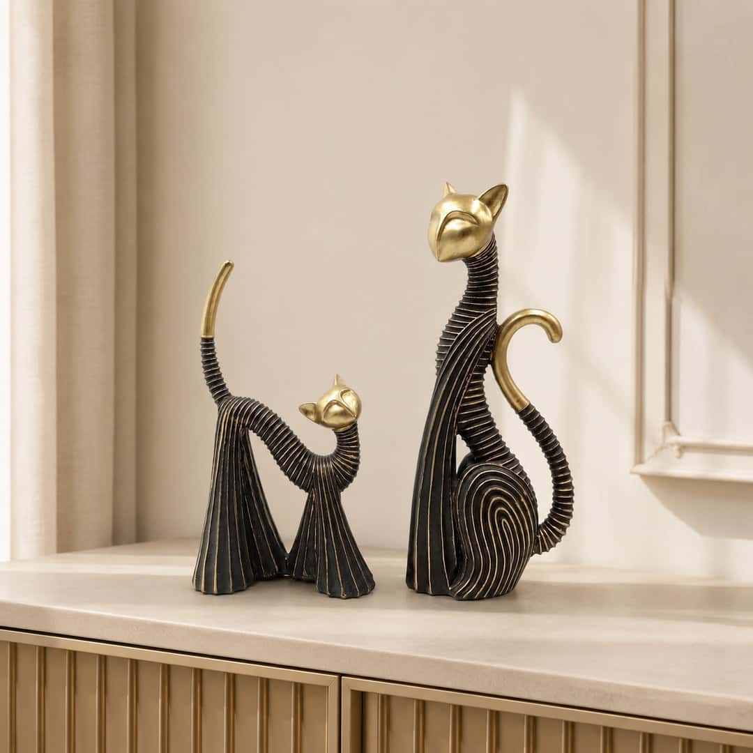 Modern Black Gold Cat Sculpture Set
