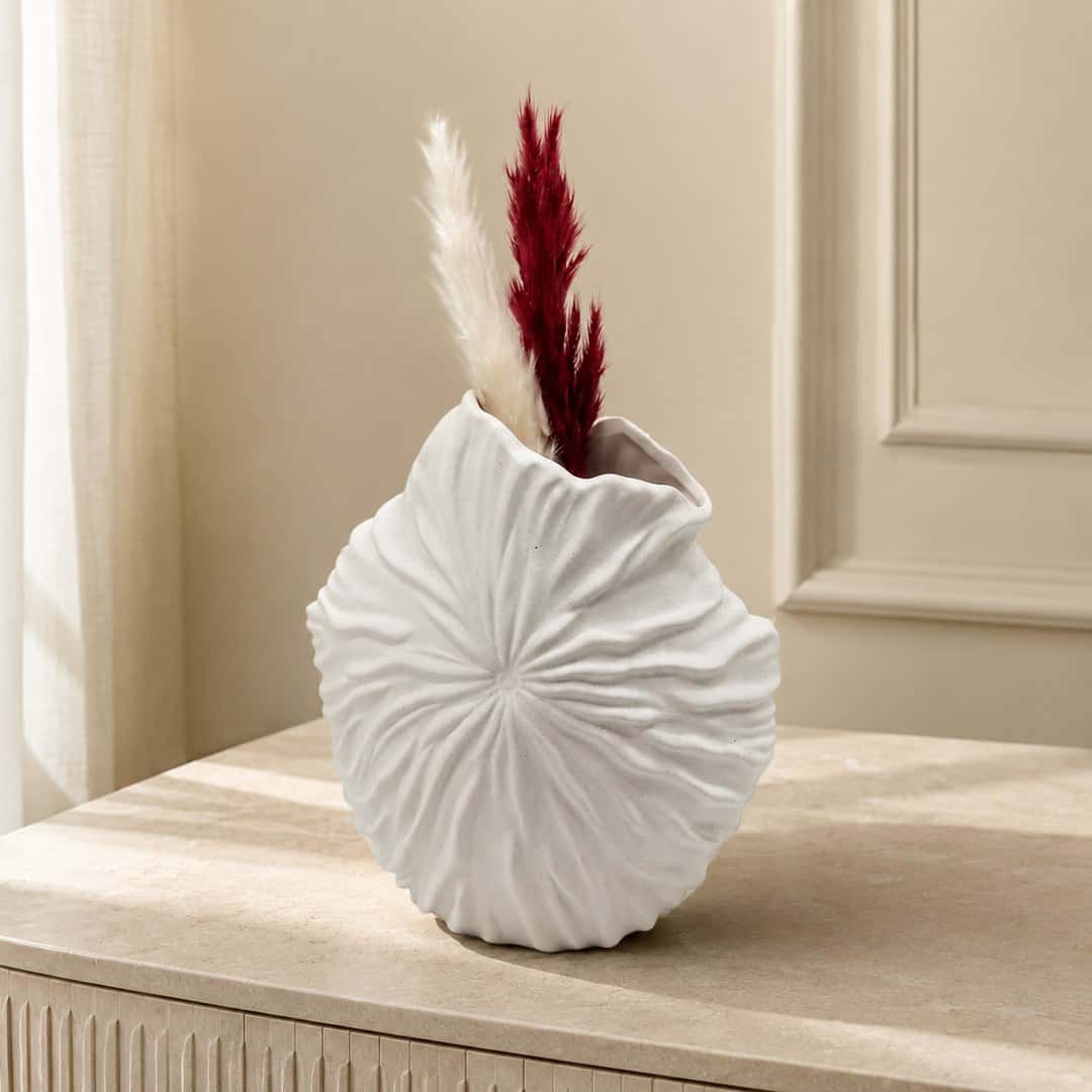 White Sculptural Vase With Dried Plumes