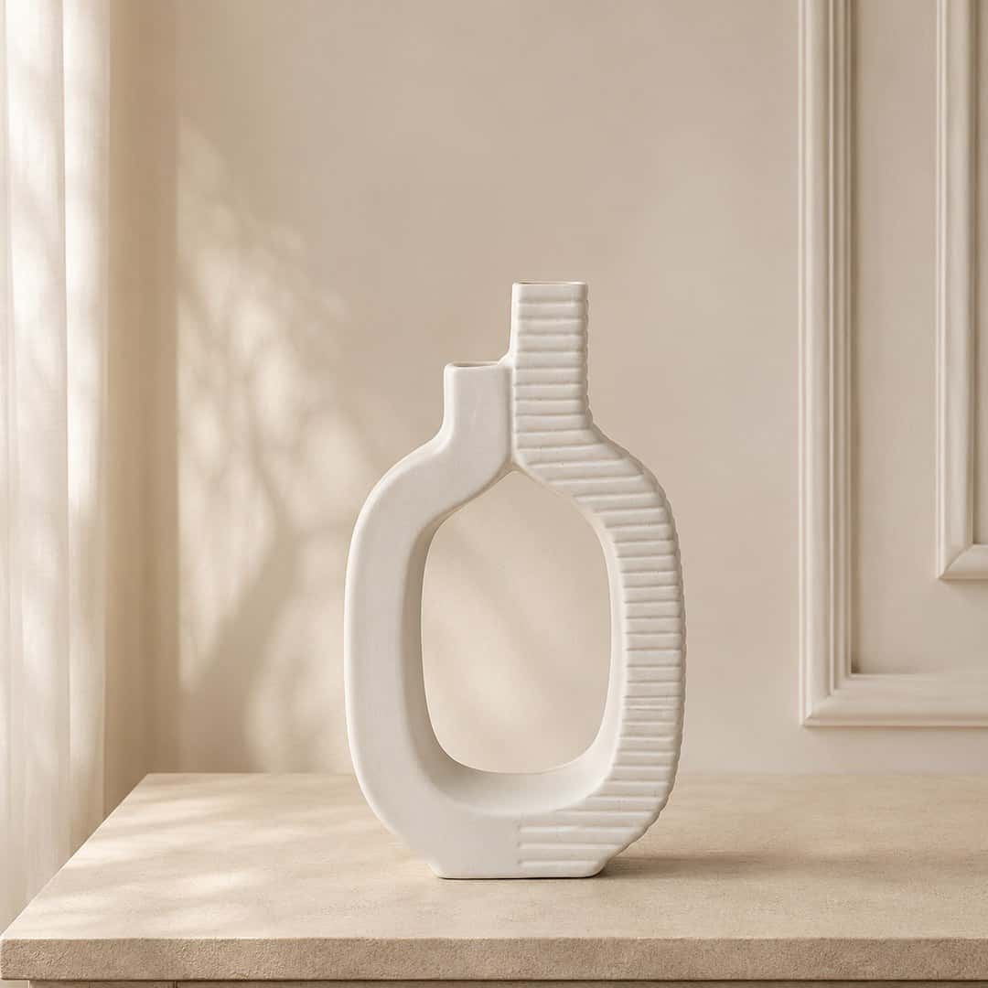 Cream Ribbed Loop Decorative Vase