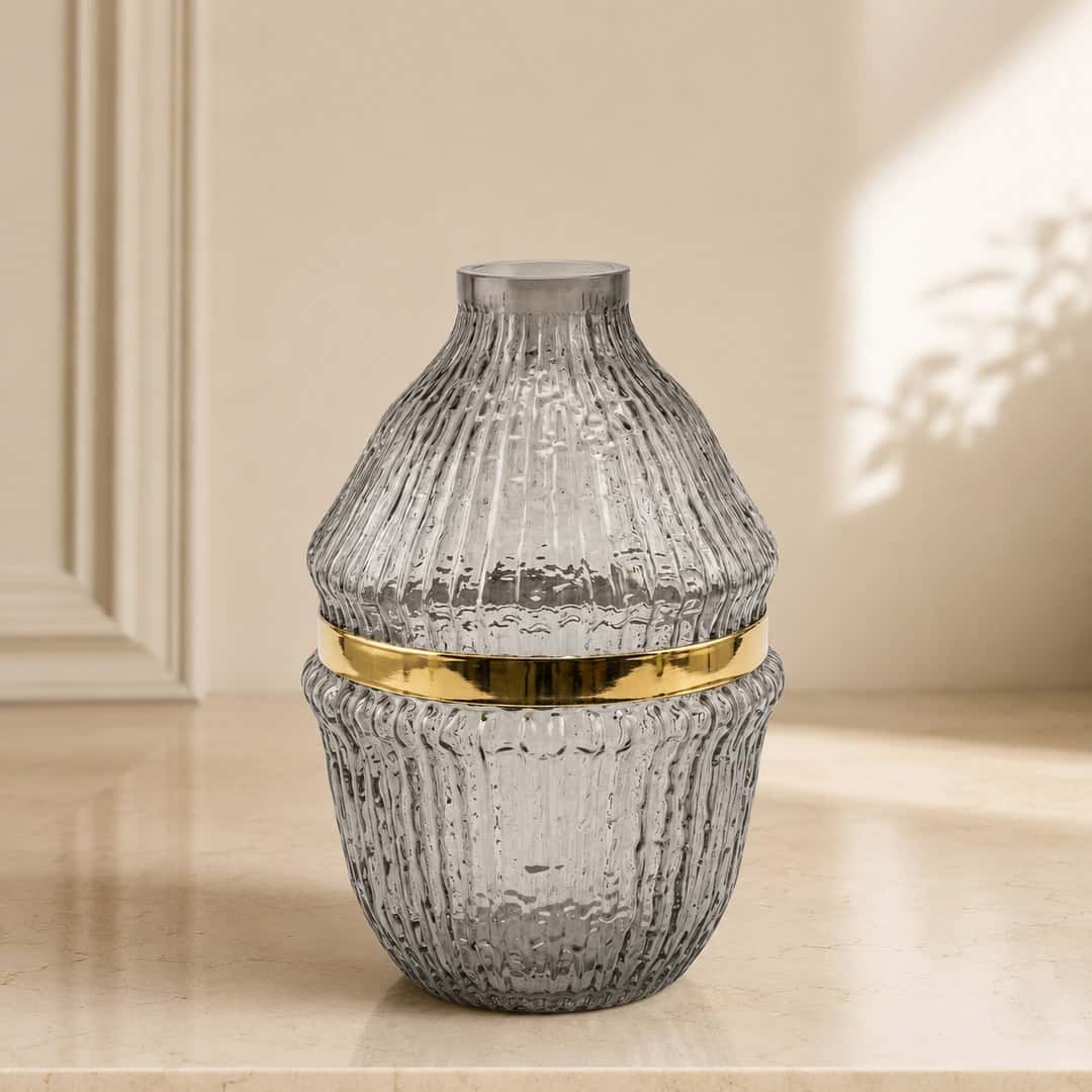 Gold-Tone Ribbed Glass Vase