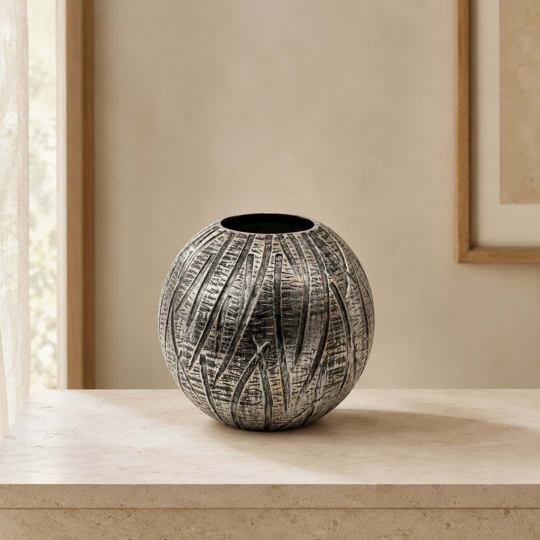 Weathered Silver-Tone Sphere Vase