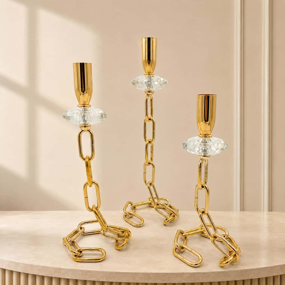 Gold Chain-Link Candleholder Set