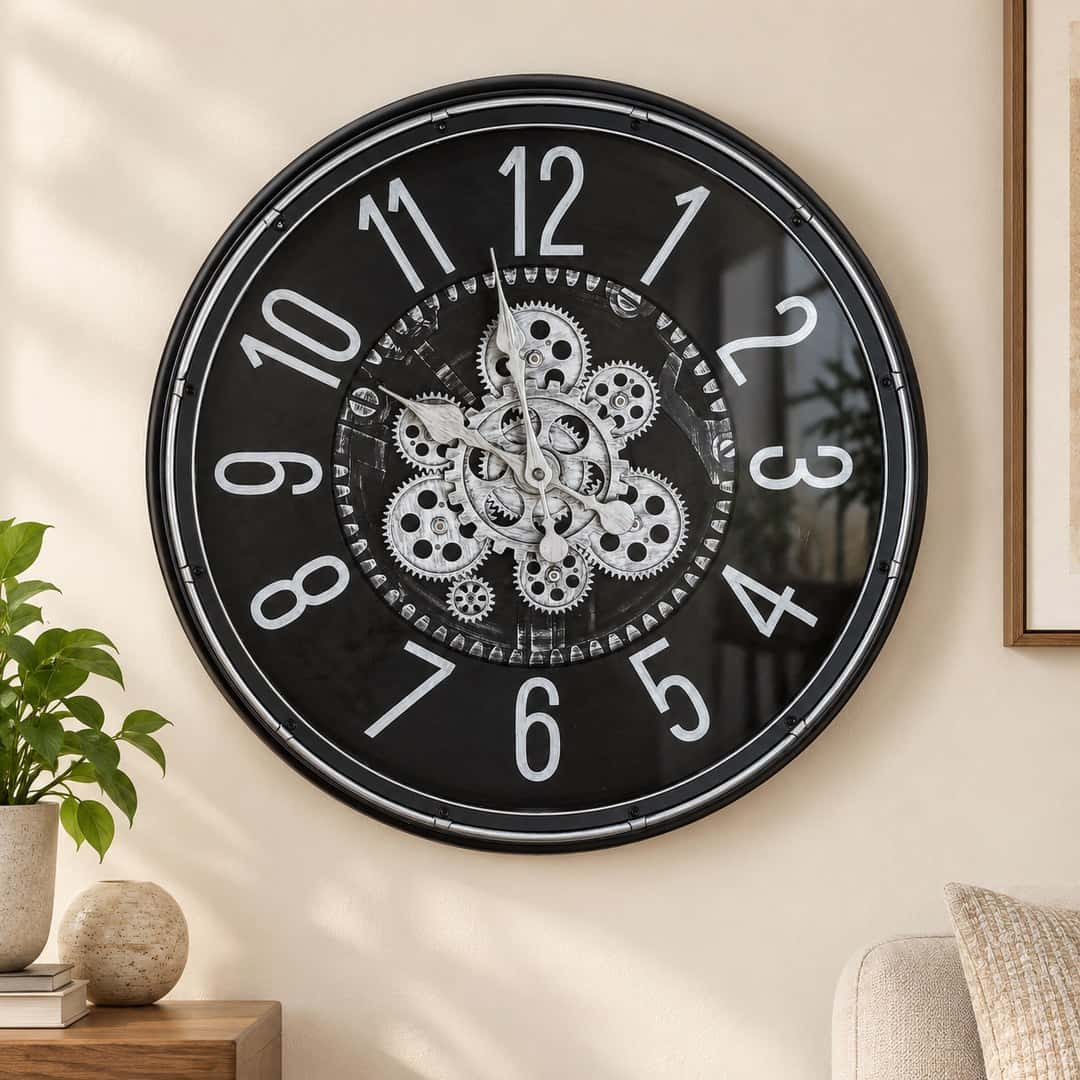 Black Silver Oversized Numeral Gear Wall Clock