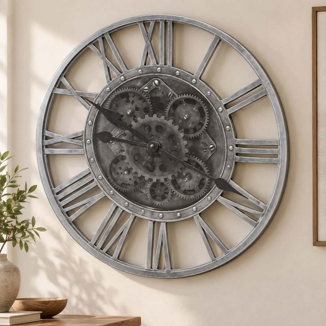 Silver Open-Frame Roman Gear Wall Clock
