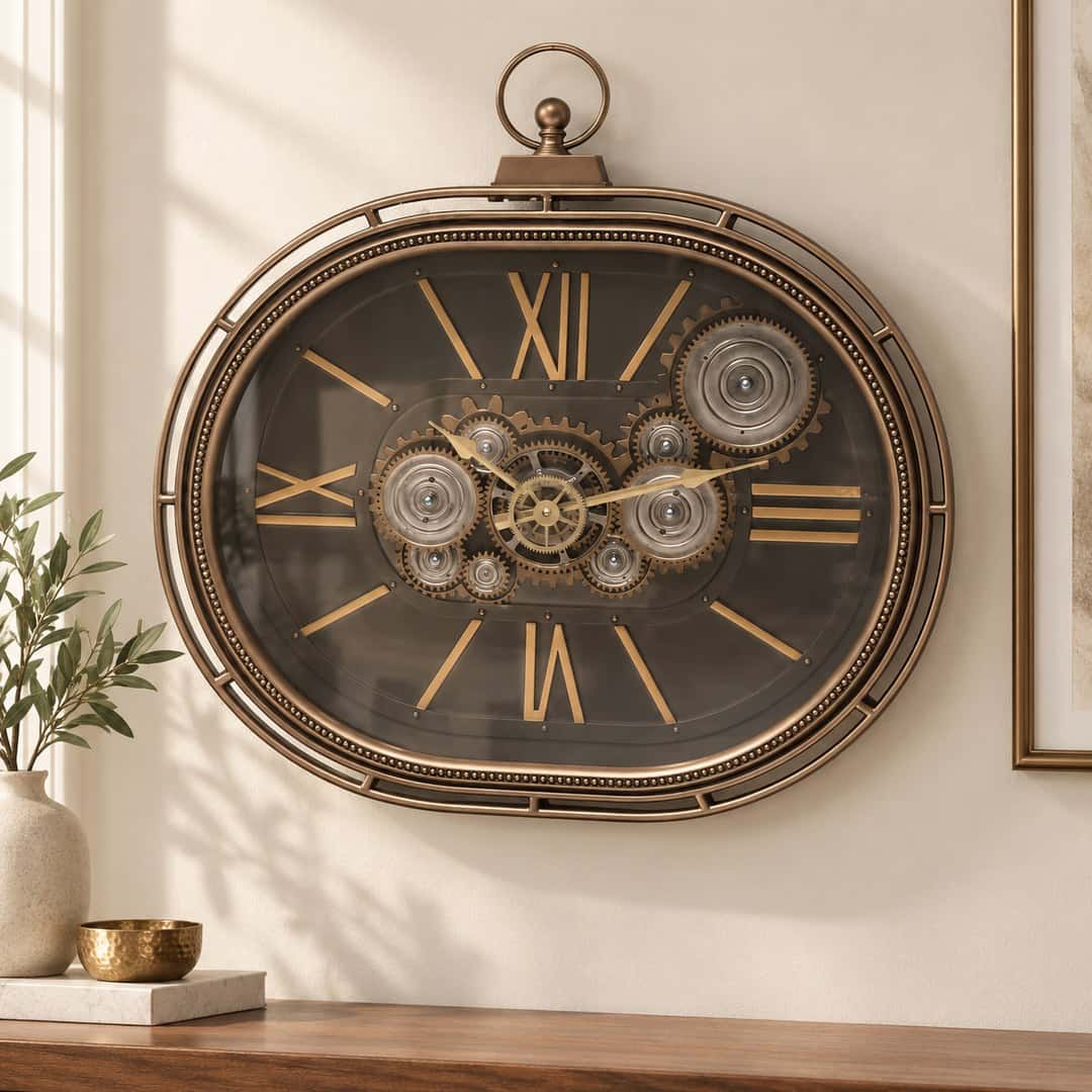 Antique Bronze Oval Roman Gear Wall Clock