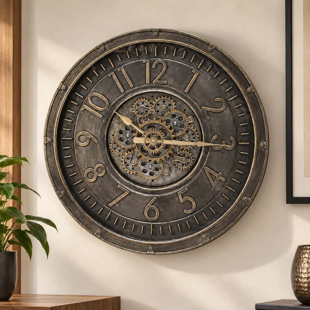 Distressed Silver Gold Arabic Gear Wall Clock